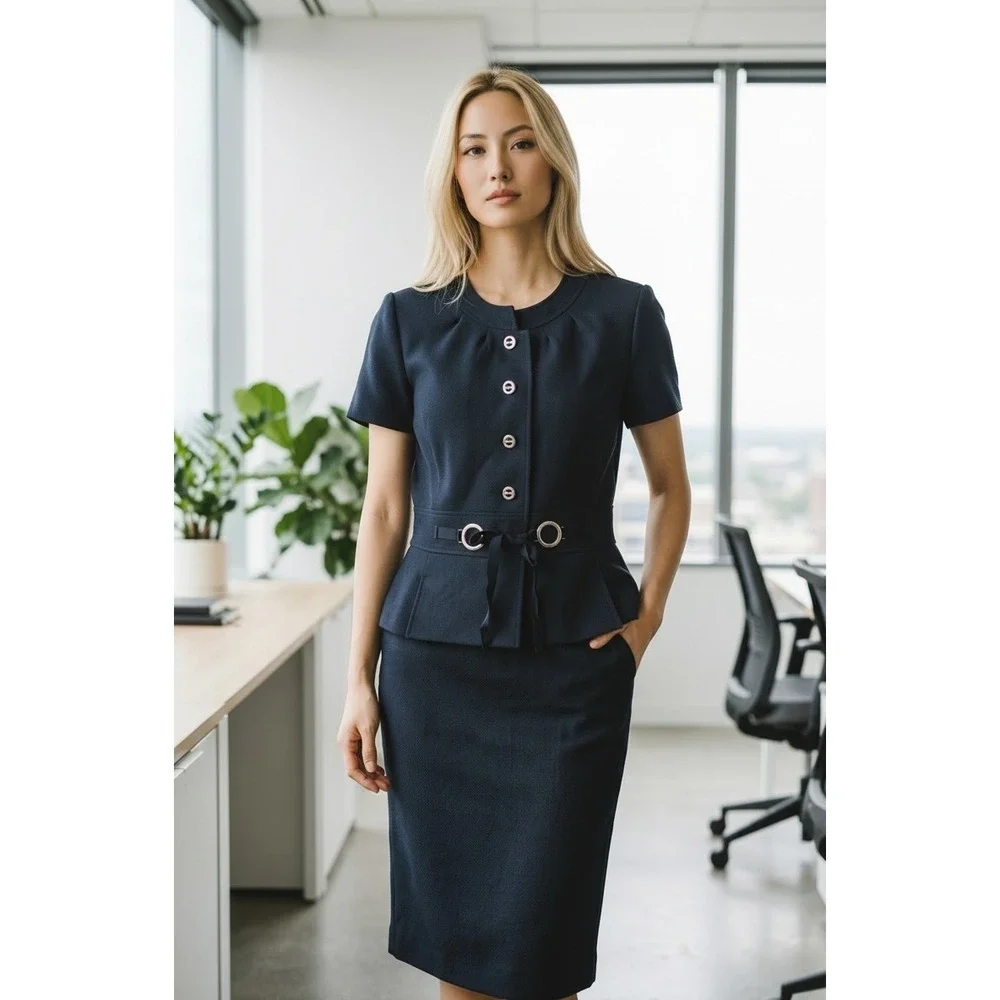 Tahari Black Peplum Skirt Suit‎ Set Short Sleeve Jacket Pencil Skirt 1
